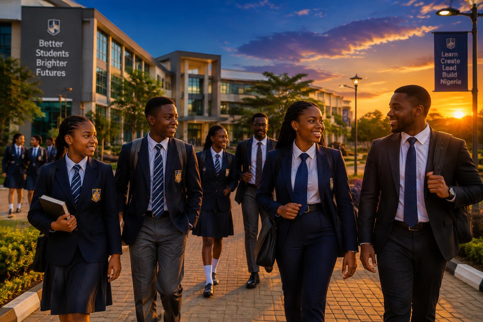 Students of Victoria Academy Consult walking through the campus at sunset